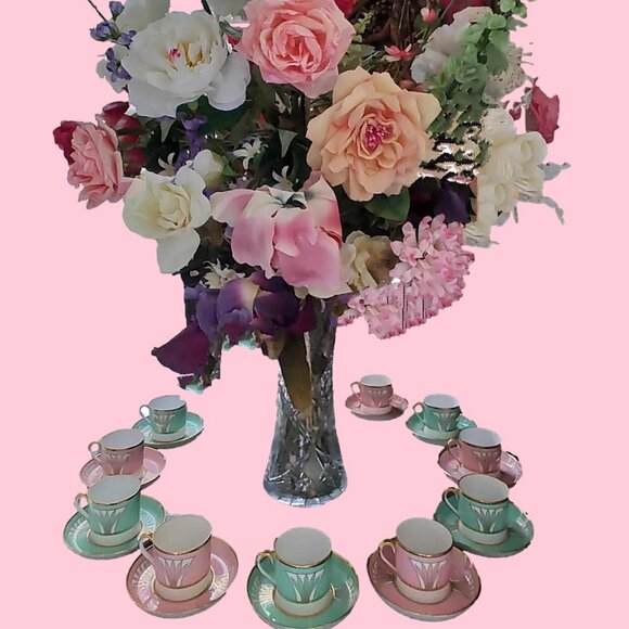 1941 Copeland Spode Custom Made Porcelain Demi-Tasse Pink Green Tea Set - Picture 1 of 16